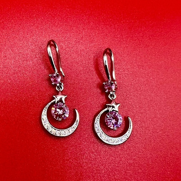 NIB Elegant S925 Sterling Silver Zircon and Pink Crescent Moon Earrings - Picture 7 of 8